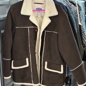 Vintage 90s Brown Microsuede with Cream Fleece Trim Coat